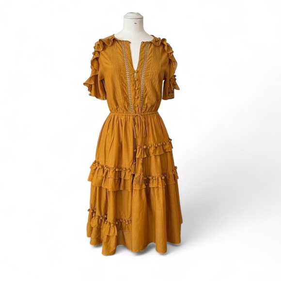 Sea New York Dresses & Skirts - Sea NY mustard, yellow staircase, pom-pom midi dress (size S) 225